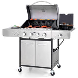 4-Burner Propane Gas BBQ Grill with Side Burner and Porcelain-Enameled Cast Iron Grates, Stainless Steel Barbecue Grills Outdoor Cooking, Silver Cabinet Style, 42,000BTU
