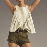 Hixiaohe Shirred Swing Tank Tops for Women Fashion Flowy Sleeveless Shirts Casual Crew Neck Blouse Loose Fit Ruffled Tops(Light-Khaki,S)