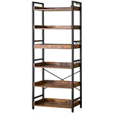 Adjustable 6 Tier Open Bookcase, Rustic Farmhouse Book Shelves, Industrial Wood and Black Metal Bookshelves