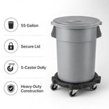 Getzi 1 Pack 55 Gallon Gray Round Commercial Trash Can with Lid and Dolly