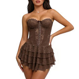 JKEEMI Womens Strapless Mini Dress Sexy Lace Sleeveless Ruffle Tiered Summer Bodycon Party Club Tube Top Dresses with Underneath Shorts Sexy Going Out Outfits Dark Brown S