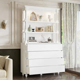 Lovinouse Large Vintage Wide Book Shelf with Storage Drawers, 81.1" Tall White Bookcase with Adjustable LED Light