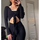 Talakeno Womens Ballet Wrap Tops Cropped Long Sleeve Self Tie Front Shirt Y2K Workout Yoga Pilates Dance Cover Up Blouse(Black,M2)