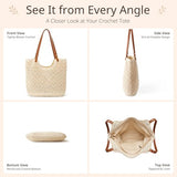 Crochet Beach Tote Bag for Women with Zipper Closure & Lining, Summer Woven Shoulder Bag, Straw Style Boho Vacation Purse