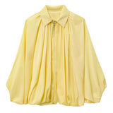 Talakeno Womens Puffed Bomber Jacket Casual Batwing Sleeve Lapel Collar Zip Shirts Oversized Pleated Streetwear Jackets(Yellow,S)