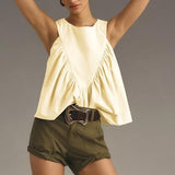 Hixiaohe Shirred Swing Tank Tops for Women Fashion Flowy Sleeveless Shirts Casual Crew Neck Blouse Loose Fit Ruffled Tops(Yellow,L)