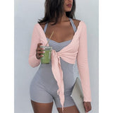 Talakeno Womens Ballet Wrap Tops Cropped Long Sleeve Self Tie Front Shirt Y2K Workout Yoga Pilates Dance Cover Up Blouse(Pink,S)