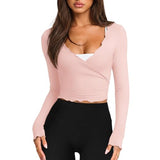 Talakeno Womens Ballet Wrap Tops Cropped Long Sleeve Self Tie Front Shirt Y2K Workout Yoga Pilates Dance Cover Up Blouse(Pink,S)