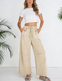 Athlisan Womens Casual Wide Leg Sweatpants High Waist Acid Wash Palazzo Pants with Pockets(Khaki-XL)