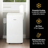 Whirlpool 12,000 BTU Portable Air Conditioner with Dehumidifier for Living Room, Apartment, or Bedroom, 115V, Portable AC for Medium Rooms up to 550 Square Feet with Remote, 3 Speeds, and Timer, White