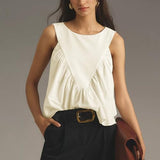 Hixiaohe Shirred Swing Tank Tops for Women Fashion Flowy Sleeveless Shirts Casual Crew Neck Blouse Loose Fit Ruffled Tops(White,S)