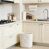 Ramblion White Ceramic Tulips Small Bathroom Trash Can 2.6 Gal (10 Liter) - Heavy & Decorative Garbage Bin for Bathroom, Kitchen, Office, Bedroom & Living Room Corner