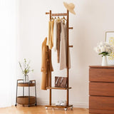 Solid Wood Coat Rack Freestanding Clothing Rack with Wheels & 2 Shelves Storage & 5 Hooks Heavy Duty Clothes Rack Wood Coat Tree Stand Hat Hanger Rack