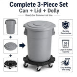 Getzi 1 Pack 55 Gallon Gray Round Commercial Trash Can with Lid and Dolly