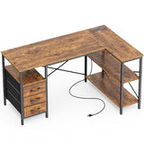Huuger L Shaped Office Desk with Power Outlets, 47 Inch Computer Desk with 3 Drawers, Rustic Brown