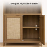 SICOTAS 84.2" Tall Arched Bookcase with Doors - 5 Tier Rattan Bookshelf