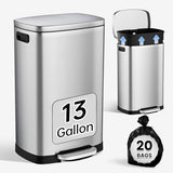 Kitchen Trash Can with Lid Soft Close,13 Gallon / 50L Stainless Steel Pedal Garbage Can, Heavy-Duty Fingerprint Proof Step Wastebasket with 20 Bags,