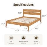 Softa Venso Queen Solid Wood Bed Frame with Headboard, 1100 Lbs Heavy Duty Rubberwood Platform Bed, 15-Min Tool-Free Assembly, Quiet Stable Support, Japanese Japandi Design, No Box Spring Needed