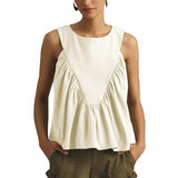 Hixiaohe Shirred Swing Tank Tops for Women Fashion Flowy Sleeveless Shirts Casual Crew Neck Blouse Loose Fit Ruffled Tops(White,XS)