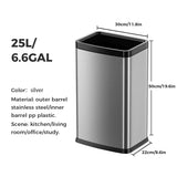 keling 25L/6 Gallon Stainless Steel Square Trash Can, Large Kitchen Garbage Can, Office Commercial Trash Bin (25L Silver)