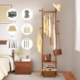 Solid Wood Coat Rack Freestanding Clothing Rack with Wheels & 2 Shelves Storage & 5 Hooks Heavy Duty Clothes Rack Wood Coat Tree Stand Hat Hanger Rack