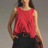 Hixiaohe Shirred Swing Tank Tops for Women Fashion Flowy Sleeveless Shirts Casual Crew Neck Blouse Loose Fit Ruffled Tops(Red,XS)