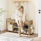 Homaxy 2-Tier Shoe Rack Bench with Side Holder, 39.4 in Bamboo Entryway Bench, Shoe Rack Organizer with Cushion for Front Entrance, Hallway Living Room Bedroom, Walnut and Light Brown