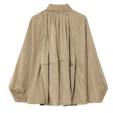 Talakeno Womens Puffed Bomber Jacket Casual Batwing Sleeve Lapel Collar Zip Shirts Oversized Pleated Streetwear Jackets(Khaki,XS2)