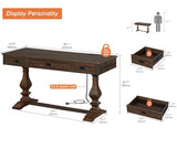 60-inch Vintage Wood Home Office Desk with Stable Solid Wood Pedestral Legs, Tradional Rustic Executive Desk, Dark Walnut Brown