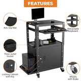 Mobile AV Cart with Side Shelves, Rolling Computer Cart Height Adjustable Rolling Media Utility Cart with Pullout Keyboard Tray