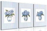3Pcs Blue Hydrangea Chinoiserie Wall Art Blue and White Stripe Vase Wall Decor Pictures Trendy Preppy Aesthetics Floral Posters Prints for Dorm Apartment Woman Bedroom Decoration 12x16in