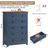 Joaxswe Farmhouse 5 Drawer Dresser for Bedroom Set of 2
