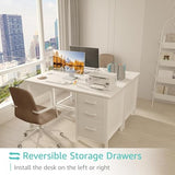 White Desk with Fabric File Drawers Cabinet, 47 Inch Reversible Computer Desk with Filing Cabinet, White