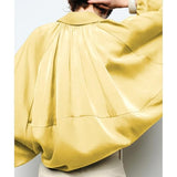 Talakeno Womens Puffed Bomber Jacket Casual Batwing Sleeve Lapel Collar Zip Shirts Oversized Pleated Streetwear Jackets(Yellow,S)
