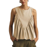 Hixiaohe Shirred Swing Tank Tops for Women Fashion Flowy Sleeveless Shirts Casual Crew Neck Blouse Loose Fit Ruffled Tops(Khaki,XS)