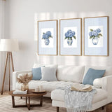 3Pcs Blue Hydrangea Chinoiserie Wall Art Blue and White Stripe Vase Wall Decor Pictures Trendy Preppy Aesthetics Floral Posters Prints for Dorm Apartment Woman Bedroom Decoration Unframed 12x16in