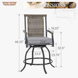 Sophia and William Swivel Patio Bar Chairs, Set of 2, Counter Height, Rattan Back and Grey Seat Cushion, High Back Design for Garden, Lawn, and Backyard