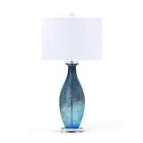 Pemberly Row Contemporary Table Lamps, 30-Inch Blue Tone Art Glass Body with Crystal Base, Linen Shade, 3-Way Switch, Coastal Style for Living Room or Bedroom Lighting, Set of 2