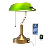 Liylan Banker Desk Lamp Green Glass, Antique Desk Lamps with Brass Base, Traditional Library Table Lamp with USB A and Type C Charging Port