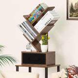 Simple Deluxe 4-Tier Tree Bookshelf with Drawers, Compact Corner Bookcase with Storage Cabinet & Open Shelves
