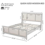 Queen Size Wooden Bed Frame with Upholstered Headboard, White Wood & Beige Fabric