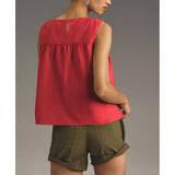 Hixiaohe Shirred Swing Tank Tops for Women Fashion Flowy Sleeveless Shirts Casual Crew Neck Blouse Loose Fit Ruffled Tops(Red,XL)