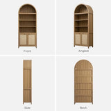 SICOTAS 84.2" Tall Arched Bookcase with Doors - 5 Tier Rattan Bookshelf