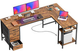 Huuger 63 Inch L Shaped Desk with Fabric Drawers, Computer Office Desk with Power Outlets and USB-C Port, Corner Desk with Storage Shelves