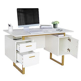 Storage Drawers and Cabinet 51.25” W-Modern Office Large Floating Desktop Surface Desk, 23.6" D x 51.2" W x 29.8" H, White/Gold Techni Mobili