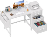 White Desk with Fabric File Drawers Cabinet, 47 Inch Reversible Computer Desk with Filing Cabinet, White