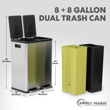 Gallon Rectangular Hands-Free Dual Compartment Recycling Kitchen Step Trash Can with Soft-Close Lid