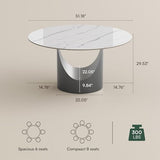 POVISON Round Dining Table for 4, 51" Glossy White Sintered Stone Top Dining Table with Grey Carbon Steel