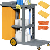 Gray Housekeeping Carts, 3-Shelf Commercial Traditional Plastic Janitor Cart with Lid & 2 Yellow 25 Gallon Vinyl Bag, Mop & Broom Holders