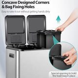 Kitchen Trash Can 16 Gallon 60L Dual Stainless Steel Garbage and Recycling Can with Foot Pedal for Kitchen